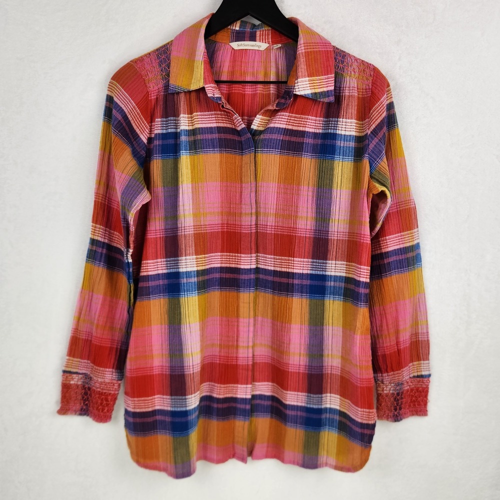 Soft Surroundings Plaid Button Down Top Womens Small Cotton Gauze Boho Cottage